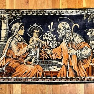 Vintage Mid Century Italian Holy Family Mary, Jesus, Joseph Velvet Tapestry